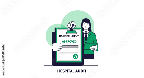 Hospital Audit Process Approved By Doctor, Business And Healthcare Concept In Vector