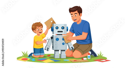 A man and a boy assembling a robot toy on a colorful playmat with a cardboard box, conveying a playful and creative mood in a close-up illustration.