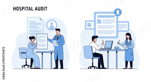 Hospital Audit Process: Healthcare Professionals Reviewing Medical Documents and Data