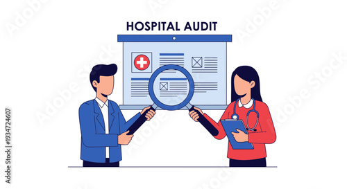 Hospital Audit: Healthcare Professionals Analyzing Medical Data with Magnifying Glass