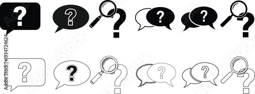 Series of black and white speech bubbles with question and magnifying glass icons