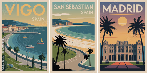 Vigo Spain Wall Art, curved coastline scene with coral text and vintage San Sebastián travel poster style