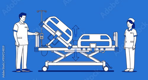 Hospital Bed Adjustment Illustration Featuring Medical Professionals and Modern Equipment