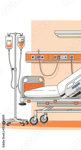 Hospital Bed And Infusion Setup Depicted In Simple Illustration For Medical Theme