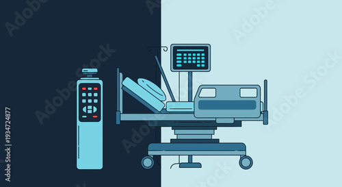 Hospital Bed And Medical Equipment Illustration: Remote, Monitor, and Patient Care Concept