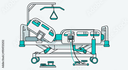 Hospital Bed Depiction with Elevated Head Section and Detailed Medical Equipment Illustration