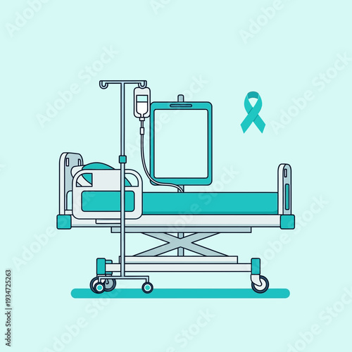 Hospital Bed Depiction with Infusion System and Symbolic Ribbon: Healthcare Concept