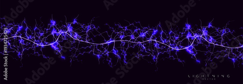 Electric Energy Lightning Plasma, Blue Neon Abstract Lightning Background, Glow Spark Surge Power Current Voltage Network Connections Digital Cyber Technology Data Pulse. Vector Illustration.
