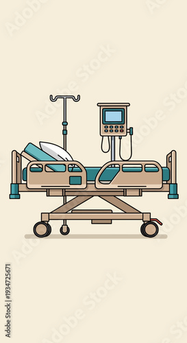 Hospital Bed Illustrative Design With Infusion Stand And Medical Monitoring System