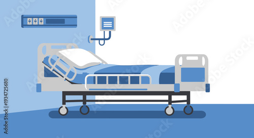Hospital Bed Illustrative Design With Monitoring Equipment Minimalist Blue Tones