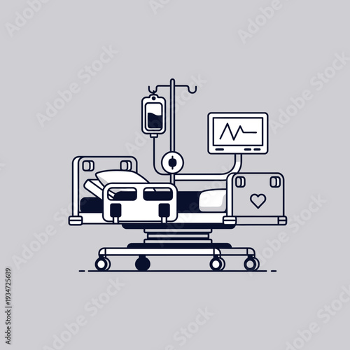 Hospital Bed Illustration Depicting Medical Equipment for Patient Care and Monitoring Treatment