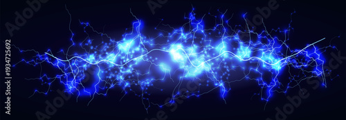 Lightning Electric Energy Plasma Neon Blue Voltage Current Spark Glow Surge Power Cyber Network Circuit Data Technology Abstract Background Pulse Wave Storm Vector Illustration.