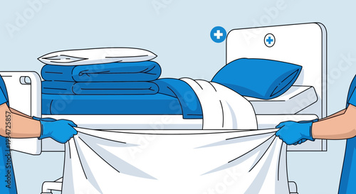 Hospital Bed Preparation With Personel Cleaning And Arranging Linens Ready For Patient