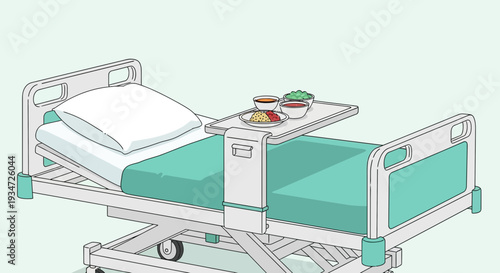 Hospital Bed With Meals On Tray In Modern Minimalistic Illustration Style