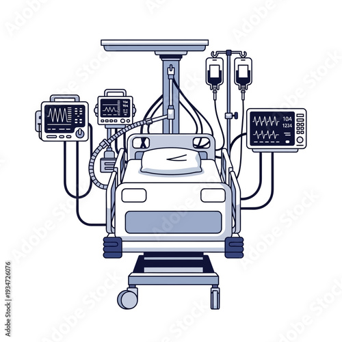 Hospital Bed With Medical Equipment for Patient Monitoring and Treatment Illustration