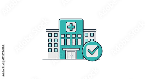 Hospital Building Icon With Checkmark Represents Medical Care and Quality Healthcare Services