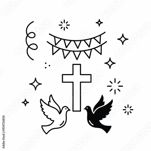 Christian Cross With Doves and Celebration Symbols