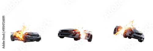 Foto Set and collection of sports car crashes and luxury vehicle explosions with fire