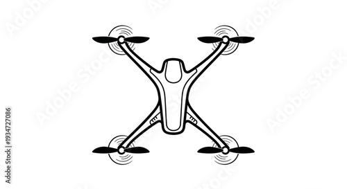 Drone with four propellers flying high.