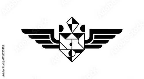 Geometric winged logo with triangles.