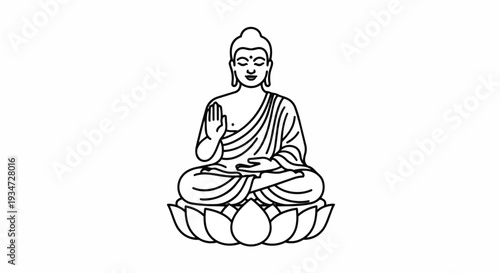 Buddha Seated On Lotus Flower Outline Style