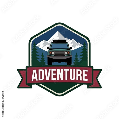 Classic outdoor adventure emblem featuring a sturdy off-road vehicle against a backdrop of majestic mountains and lush pine forests, symbolizing exploration and rugged journeys
