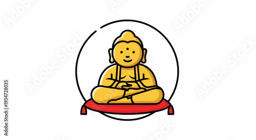 Smiling Buddha Icon in Meditation Pose on Red Cushion