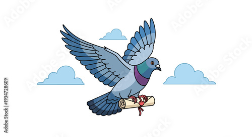 Cartoon illustration of a blue homing pigeon flying with a message scroll in its talons against a white background with clouds.