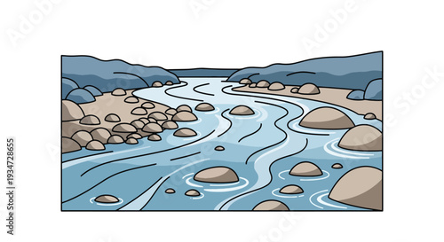 A cartoon illustration of a winding river flowing through a rocky landscape with numerous smooth stones on its banks and in the water.