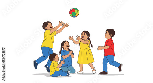 Five diverse children joyfully playing with a colorful ball, reaching and looking up in a fun group activity.