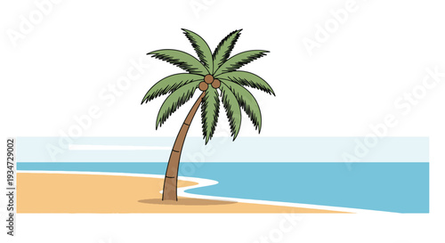 Illustration of a single palm tree on a tropical sandy beach with blue ocean waves under a clear sky.