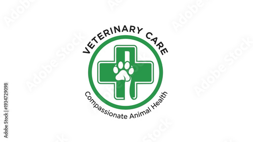 Veterinary care logo with paw print and medical cross symbol.