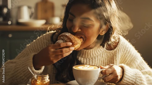Woman enjoying breakfast with coffee and pastry natural light and warm tones