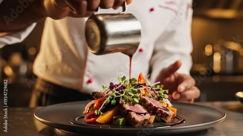 Wallpaper Mural A chef drizzling sauce over a gourmet dish with meat and vegetables on a black plate in a professional kitchen Torontodigital.ca