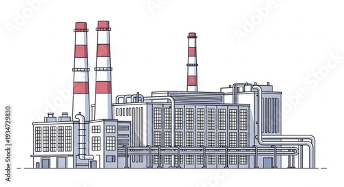 Detailed illustration of a power plant with tall chimneys and complex structures.