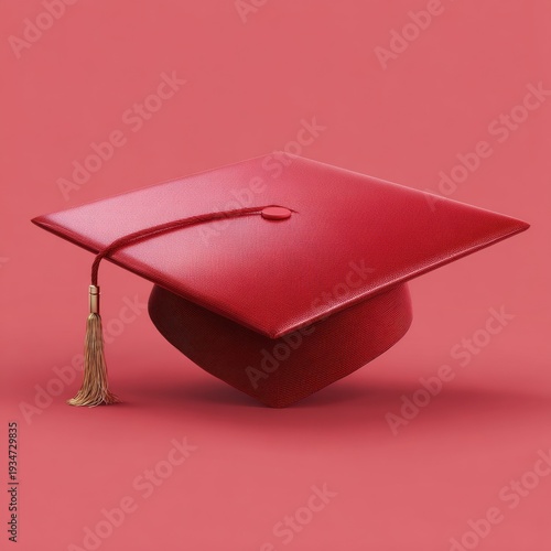 Red graduation cap with gold tassel on pink background