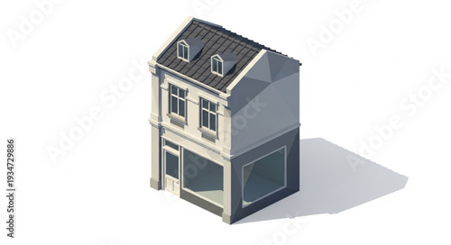 Isometric view of a charming two-story building with a shop on the ground floor.