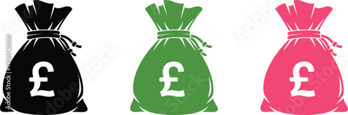 Three colorful money bags with british pound symbols on white background