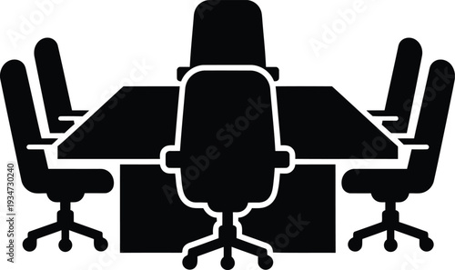 A black silhouette of a conference table with four office chairs on white background
