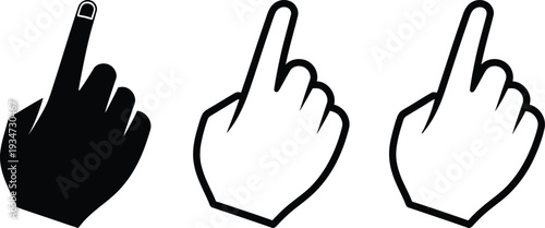 Three hands with index fingers pointing upwards in different styles on white background