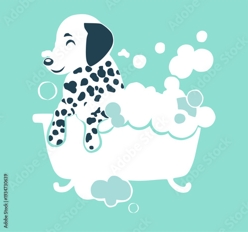 Cute puppy dog taking a bath at the veterinary pet shop, grooming service and professional pet hygiene illustration