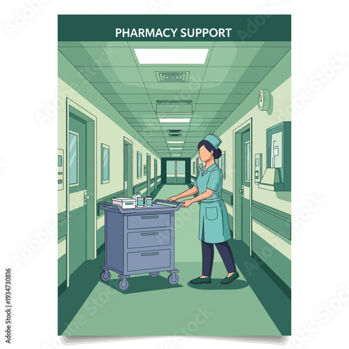 Hospital Corridor Depicting A Healthcare Worker Pushing Medical Supplies Cart For Patient Care