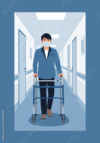 Hospital Corridor Depicting A Patient Utilizing A Walker And Wearing Protective Facial Mask