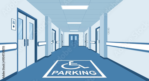 Hospital Corridor Depicting Accessible Parking Sign for Individuals With Disabilities