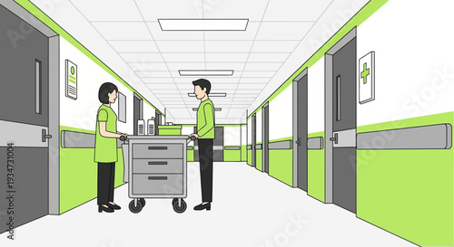 Hospital Corridor Illustration Depicting Medical Staff Interacting With Each Other