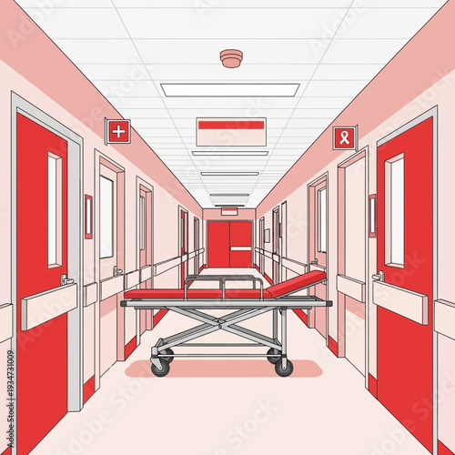 Hospital Corridor Illustration Depicting Medical Interior With Red Doors and Patient Stretcher
