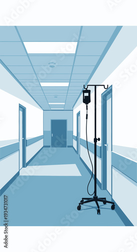 Hospital Corridor Illustration Depicting Medical Treatment and Patient Care in a Sterile Environment