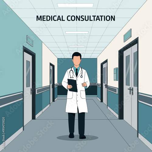 Hospital Corridor Depicting Physician Standing Ready for Medical Examination in Professional