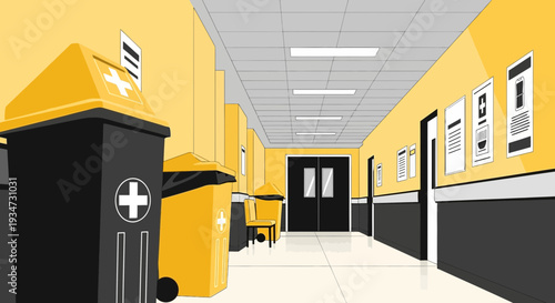 Hospital Corridor Illustration Depicting Medical Waste Bins and Informational Posters