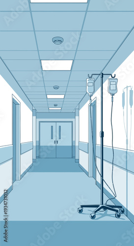 Hospital Corridor Illustration Depicting Medical Treatment and Patient Care in Clean Environment